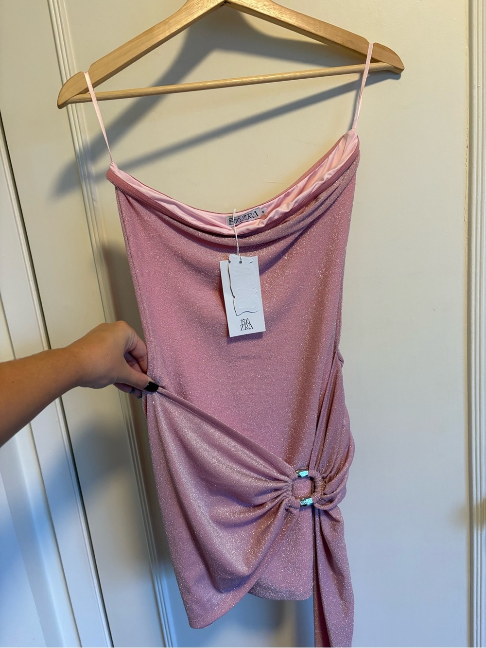 Light Pink Sparkle Draped Mini Dress with Side Knot